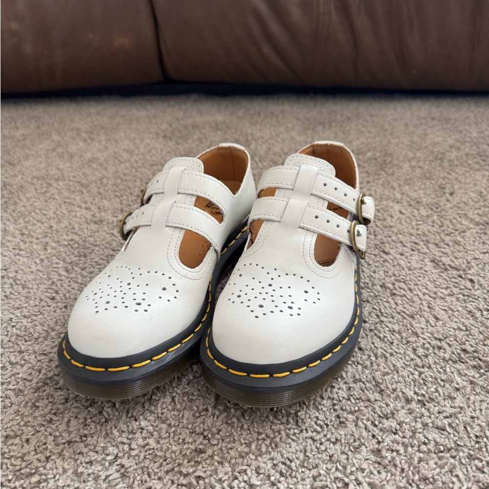 Dr. Martens Kids White Double-Strap T-Bar Shoes with Yellow Stitching